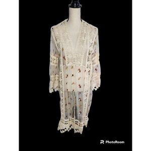 John Mark Anthropologie Boho Long Embroidered Sheer Kimono Duster Size M